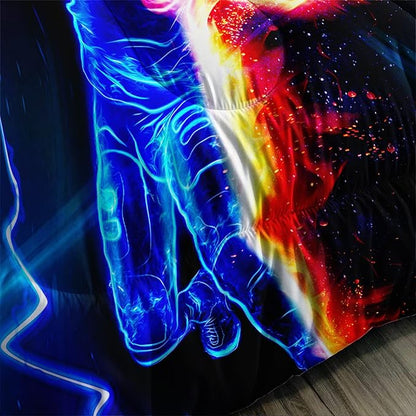 Axolotl Football Comforter Queen,Cool Blue Football Bedding Sports Theme Comforter Set For Boys,3D Rugby Sports Bedding Set Football Player On Fire For Boys Kids Teens,1 Quilt 2 Pillowcases,Black Blue