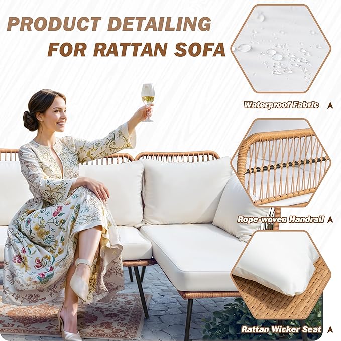 Greesum Outdoor Rope Woven Patio Furniture L-Shaped Conversation Sectional Sofa Set Detachable Lounger for Backyard Porch with Thick Cushions & Long Table, White
