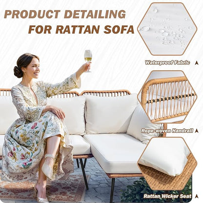 Greesum Outdoor Rope Woven Patio Furniture L-Shaped Conversation Sectional Sofa Set Detachable Lounger for Backyard Porch with Thick Cushions & Long Table, White