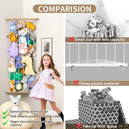 Stuffed Animal Storage Toy Storage Organizer, Upgraded Stuffed Animal Hammock Corner & Stuffed Animal Net for Plushie Toys with Adjustable Height for Kids Playroom Bedroom Organizer