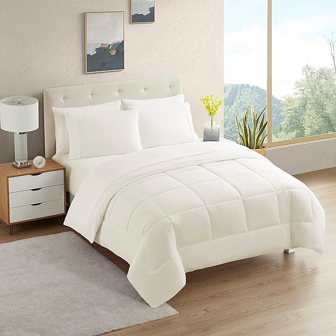 Dorm Room Essentials College Bedding Comforter Set 7 Piece Full Size Bed in a Bag for College Students Boys and Girls, Full, Ivory