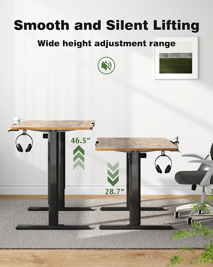 Electric Standing Desk, 43 Inch Height Adjustable Home Office Table with Headphone Hook and Cup Holder, Black Legs/Rustic Brown Top