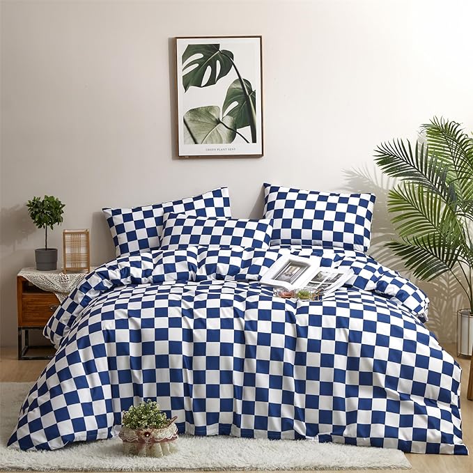 Wellboo Blue and White Comforter Sets Queen Women Men Diamond Royal Blue Checkerboard Grid Bedding Comforters Cotton Modern Jewelry Blue Checkered Geometric Quilts Luxury Sapphire Buffalo Plaid Bed