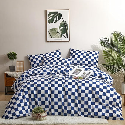Wellboo Blue and White Comforter Sets Queen Women Men Diamond Royal Blue Checkerboard Grid Bedding Comforters Cotton Modern Jewelry Blue Checkered Geometric Quilts Luxury Sapphire Buffalo Plaid Bed