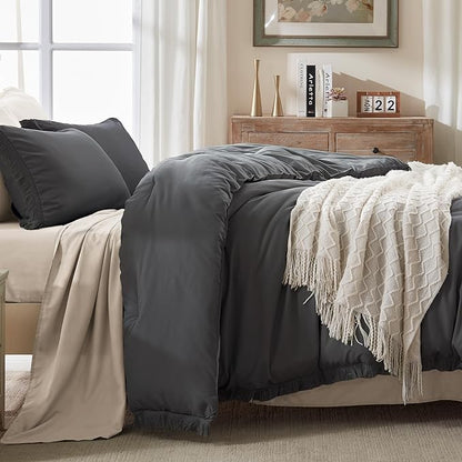 Andency Comforter King Size Bed Set Dark Grey, 3 Pieces Boho Lightweight Winter Bedding Comforters & Sets, All Season Soft Tassel Bed Set (104x90In Comforter & 2 Pillowcases)