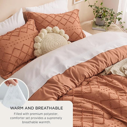 Bedsure Full Size Comforter Set - Pumpkin Comforter, Boho Tufted Shabby Chic Bedding Comforter Set, 3 Pieces Vintage Farmhouse Bed Set for All Seasons, Fluffy Soft Bedding Set with 2 Pillow Shams