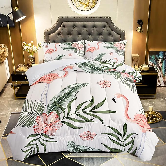 Flamingo Comforter Set Twin Size Tropical Flamingo Palm Tree Leaf Pattern Bedding Set Flower Quilted Duvet for Kids Girls Boys Adult with 1 Comforter and 2 Pillowcases