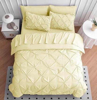 LANE LINEN King Comforter Set – 7 Piece Bed in a Bag – Pinch Pleated King Size Bedding Set with Comforter, Flat Sheet, Fitted Sheet, 2 Pillowcases & 2 Shams – Soft Pintuck Bed Set - Vanilla
