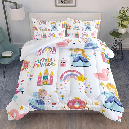 Datura home Girls Bedding Comforter Set Little Princess and Rainbow Castle Printed Pattern Quilt Bedding Set with 1 Comforter and 2 Pillowcases for Girls Bedroom All Season(Princess Twin)
