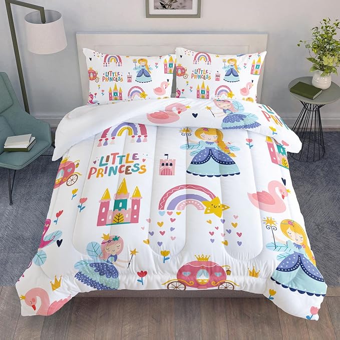 Datura home Girls Bedding Comforter Set Little Princess and Rainbow Castle Printed Pattern Quilt with 1 2 Pillowcases for Bedroom All Season(Princess Queen), Queen 90x90inches