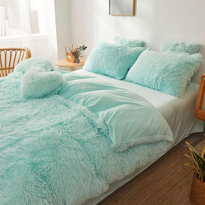 Fluffy mint green comforters Cover twin size - Ultra Soft Plush bedding Sets 2 Pieces (1 faux fur comforter Cover + 1 fuzzy pillow case) girls shaggy green twin bed set (Mint Green, Twin)