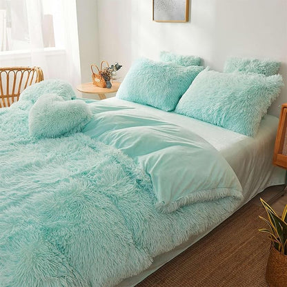 Fluffy mint green comforters Cover twin size - Ultra Soft Plush bedding Sets 2 Pieces (1 faux fur comforter Cover + 1 fuzzy pillow case) girls shaggy green twin bed set (Mint Green, Twin)