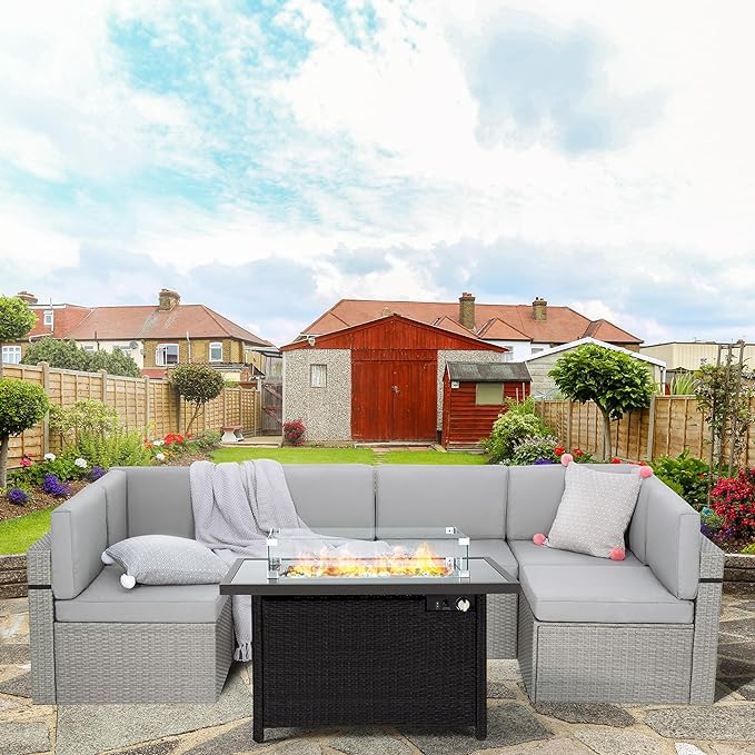 Pamapic 8 Pieces Patio Conversation Sets with fire Pit, Patio Furniture Sectional Sofa with Gas Fire Pit Table(Grey Wicker,Grey Cushions)