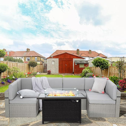 Pamapic 8 Pieces Patio Conversation Sets with fire Pit, Patio Furniture Sectional Sofa with Gas Fire Pit Table(Grey Wicker,Grey Cushions)