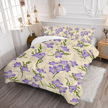 kxry Purple Flower Comforter Sets Bedding Sets Full Size Comforter Set for Girls Women Kids 1 Comforter + 2 Pillow Case