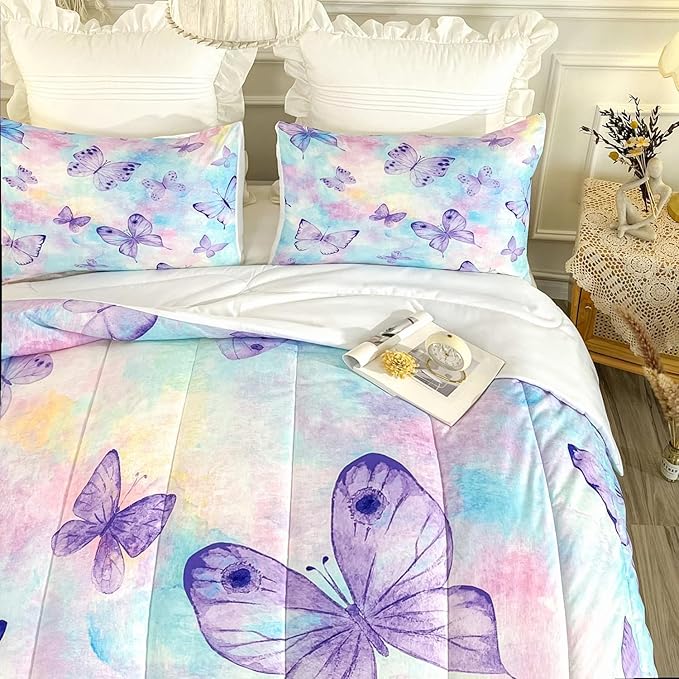 CVHOUSE Butterfly Comforter Sets King for Girls Women,Butterfly Bedding Sets King Set,Butterflies Bedspread,Butterfly Duvet,Butterfly Bed Set,Butterflies Quilt Set 3 Pcs 1 Comforter and 2 Pillowcases