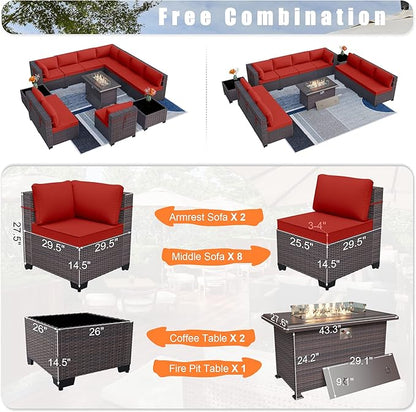 Patio Furniture Set with Fire Pit Table 13 PCS Outdoor Sectional Furniture Outdoor Rattan Patio Conversation Sets with 43in 55,000 BTU Propane Gas Fire Pit Table Glass Table, Red