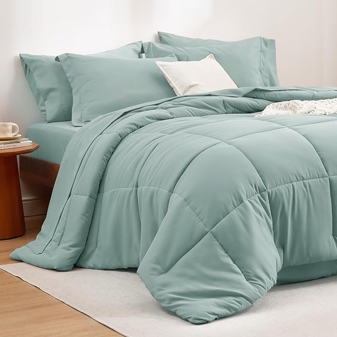 Bedsure Sage Green King Size Comforter Set - 7 Pieces Solid King Bed in a Bag, King Bed Set Sage Green with Quilted Warm Fluffy Comforters, Sheets, Pillowcases & Shams