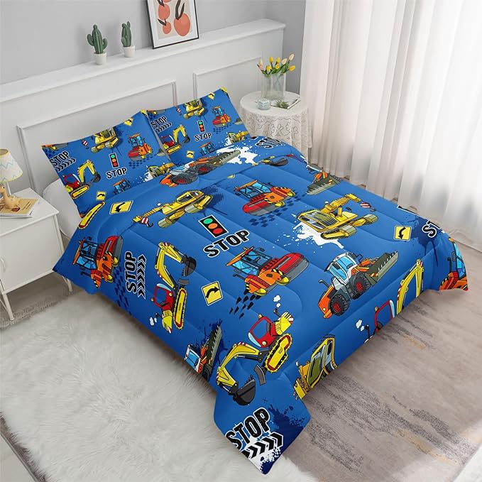 Axolotl Blue Excavator Bedding Queen,3Pcs Boys Construction Comforter Set,Cartoon Machinery Truck Bedding Set for Boys Kids Children Teens Bedroom Decor Cars Quilt Set with 1 Comforter 2 Pillowcase