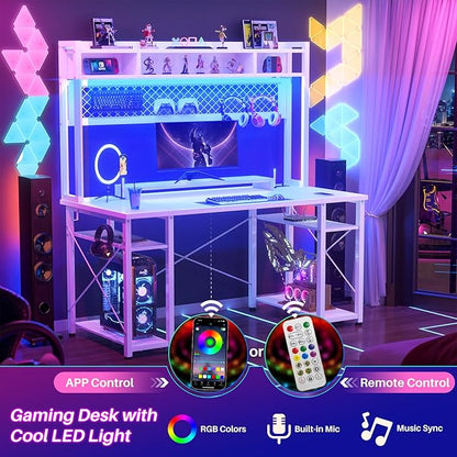 armocity 2024 Upgrade Gaming Desk with Hutch, 48'' Magic Computer Desk with LED Lights and Outlets, Reversible Workstation Desk with Pegboard and Monitor Stand, 48 Gamer Desk PC Table, White