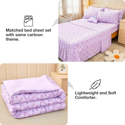 Mooreeke Full Size Comforter Sets for Girls Kids, 8 Pieces Bed in a Bag Purple Love Rainbow Bedding Comforter Sheet Set with Shams and Decorative Toy Pillow, Ultral Soft Microfiber Kids Bed Set