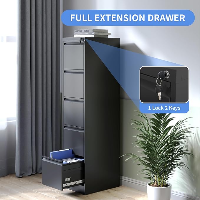 5 Drawer Vertical File Cabinet with Lock, File Cabinet for Home Office, Locking File Cabinet Hanging Files for A4/ Legal/Letter(Require Assembly, Black)