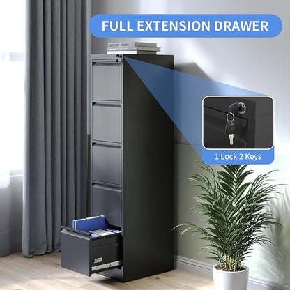 5 Drawer Vertical File Cabinet with Lock, File Cabinet for Home Office, Locking File Cabinet Hanging Files for A4/ Legal/Letter(Require Assembly, Black)