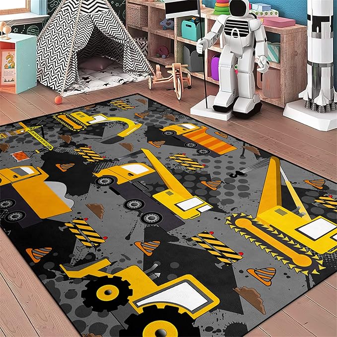 Construction Rugs for Boys Room Play Rug for Cars and Trucks Car Rug Play Mat Kids Rugs for Playroom Car Rug for Boys Room Construction Decor for Boys Room,Grey 3'×4'