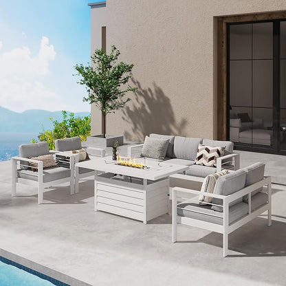 Wisteria Lane Aluminum Patio Furniture Set, 5 Piece Metal Outdoor Furniture Set with CSA Certified 54in Propane Gas Fire Pit Table, Patio Conversation Set with 5in Olefin Cover Cushions (White)