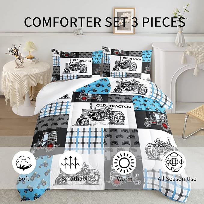 Axolotl Tractor Comforter Set Full Size,Cartoon Truck Car Comforter Set for Boys,Farm Excavator Bedding Set with Old Tractor for Kids Boys Teens Adult All Season,1 Quilt 2 Pillowcases