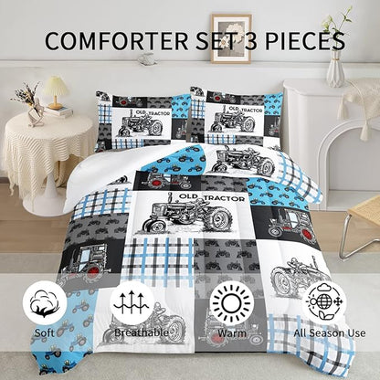Axolotl Tractor Comforter Set Full Size,Cartoon Truck Car Comforter Set for Boys,Farm Excavator Bedding Set with Old Tractor for Kids Boys Teens Adult All Season,1 Quilt 2 Pillowcases