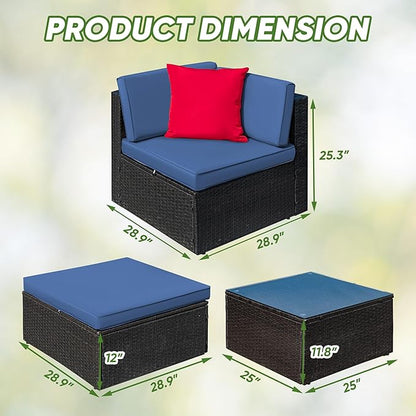 Greesum 3 Piece Patio Conversation Set Wicker Rattan Furniture Outdoor Sofa with Cushions,Pillows & Glass Table for Porch,Lawn and Yard, Dark Blue