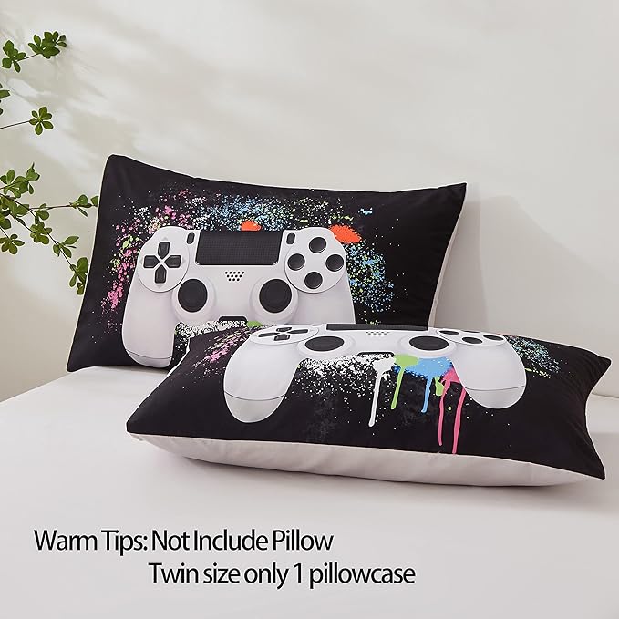Gamer Bedding Sets for Boys, Full Size 3-Piece Gaming Comforter Sets for Kids Teens, Soft Microfiber Video Game Bedding Sets for Game Lovers, 1 Comforter and 2 Pillowcase(White,Full)