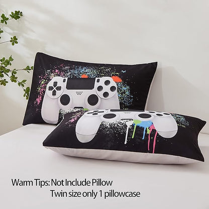 Gamer Bedding Sets for Boys, Twin Size 2-Piece Gaming Comforter Sets for Kids Teens, Soft Microfiber Video Game Bedding Sets for Game Lovers, 1 Comforter and 1 Pillowcase(White,Twin)
