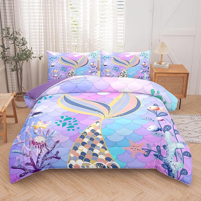 NINENINE Teal Purple Mermaid Comforter Set,Mermaid Tail Bedding Set,Twin Size Bedding Sets for Girls,Colorful Glitter Comforter Sets for Kids with 1 Comforter 1 Pillowcase…