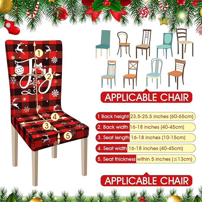 Ganeen 6 Pcs Christmas Chair Covers Merry Christmas Chair Back Cover Stretch Christmas Seat Cover Washable Xmas Dining Chair Protector Slipcover for Dining Room Kitchen Holiday Party(Plaid Style)