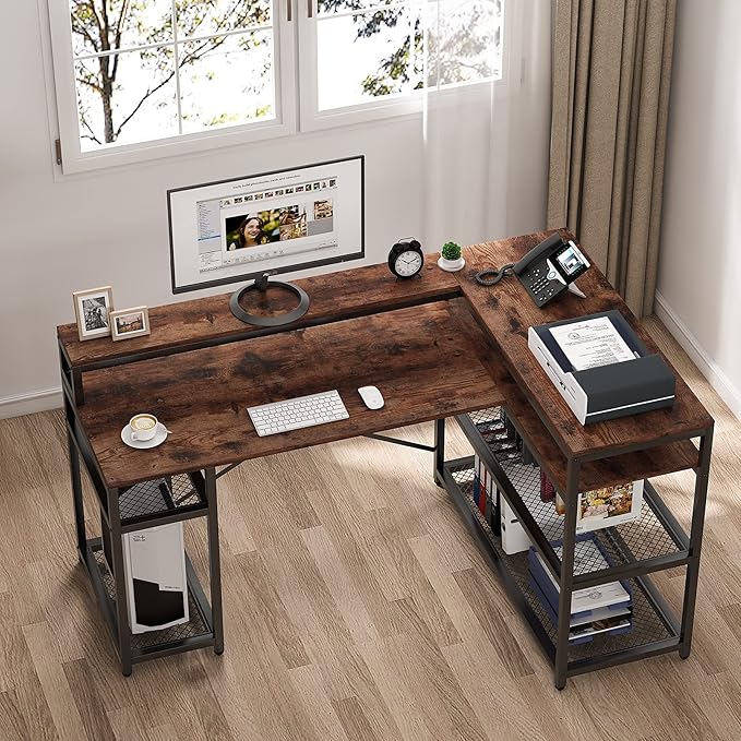 Tribesigns L Shaped Desk with Storage and Monitor Stand, Industrial Home Office Computer Desk with Storage Shelves, 59 Inch Corner Desk with Monitor Shelf(Brown)