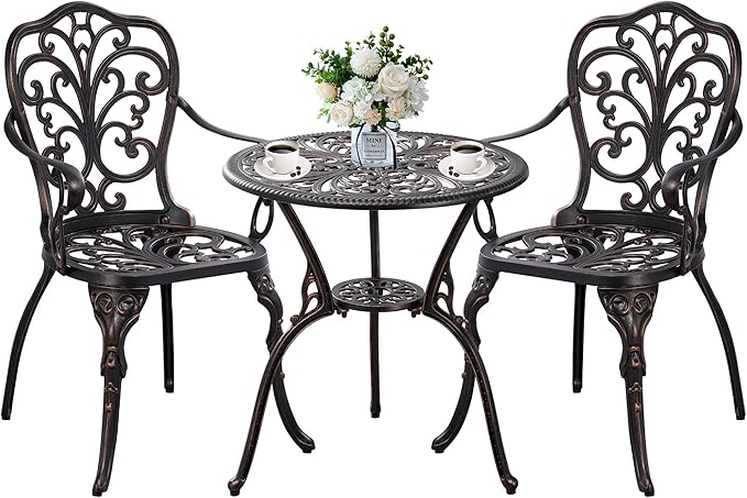 Outdoor Bistro Table and Chairs Set of 2 Cast Aluminum Patio Bistro Set with Umbrella Hole, All Weather Bistro Table Set for Garden, Bronze