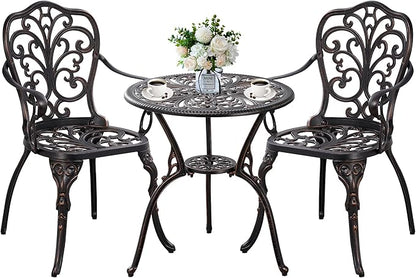 Outdoor Bistro Table and Chairs Set of 2 Cast Aluminum Patio Bistro Set with Umbrella Hole, All Weather Bistro Table Set for Garden, Bronze