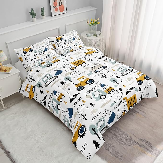 Kids Cartoon Excavator Bedding Comforter Sets for Boy and Girls,Construction Truck Bulldozer Tree Pattern Comforter Set with 2 Pillowcase and 1 Comforter(Excavator Twin)