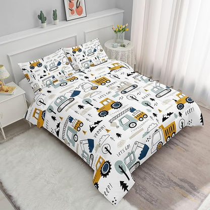 Kids Cartoon Excavator Bedding Comforter Sets for Boy and Girls,Construction Truck Bulldozer Tree Pattern Comforter Set with 2 Pillowcase and 1 Comforter(Excavator Twin)