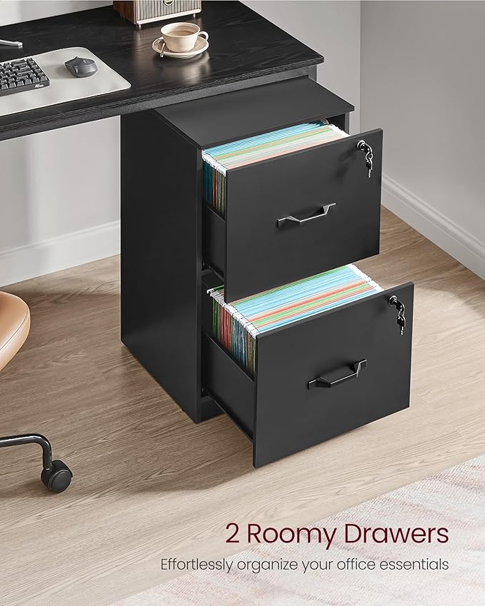 VASAGLE 2-Drawer Vertical File Cabinet, Filing Cabinet for Home Office, Printer Stand, with 2 Lockable Drawers, Adjustable Hanging Rail, for A4 and Letter-Size Files, Ink Black UOFC061B16