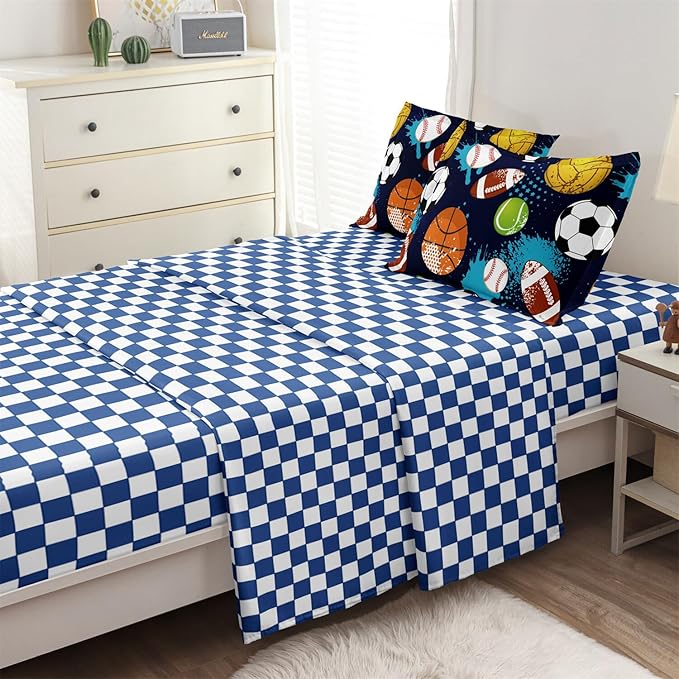 Kids Boys Comforter Set Full Bed in a Bag w/Sheet Sets, Blue Full Bedding Sets for Teens Soccer Basketball Baseball Football Sports Themed Bedroom Decor Reversible Design