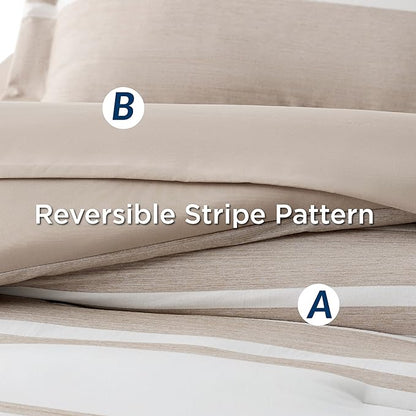 Bedsure Bed in a Bag Queen Size 7 Pieces, Light Camel White Striped Bedding Comforter Sets All Season Bed Set Khaki, 2 Pillow Shams, Flat Sheet, Fitted Sheet and 2 Pillowcases