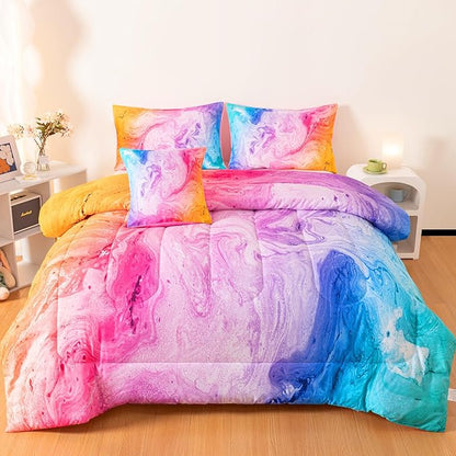 4 Pcs Tie Dye Twin Comforter Set for Girls, Watercolor Marble Abstract Art Superior Kids Bedding Sets Twin Size, Pink Purple Blue Colorful Teenage Girls Comforter Sets