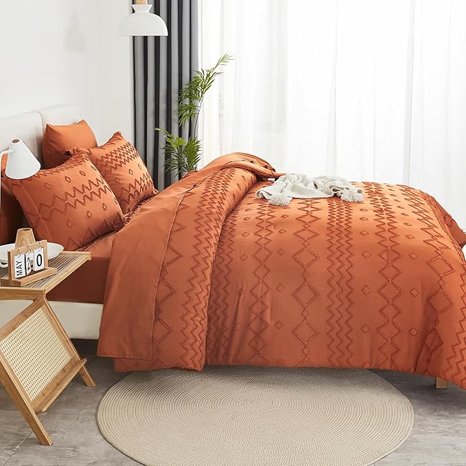 EMME Twin Comforter Set - 5 Pcs Pumpkin Boho Bedding Sets, Tufted Comforter with Sheets, Shabby Chic Embroidery Twin Size Bed Set Fluffy Bed Bag for All Season(68"X90")
