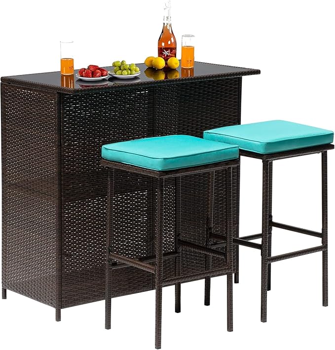 FDW 3PCS Patio Bar Set Outdoor Furniture Set Wicker Bistro Set with Two Stools for Patio Backyard Balcony,Blue Cushion