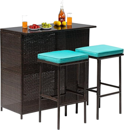 FDW 3PCS Patio Bar Set Outdoor Furniture Set Wicker Bistro Set with Two Stools for Patio Backyard Balcony,Blue Cushion