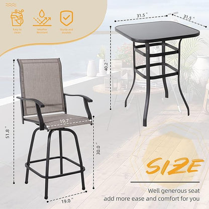 Shintenchi 5 Pieces Outdoor Swivel Bar Set, All Weather Textile Fabric Patio High Bar Stool Bistro Set with 4 Height Back Bar Chairs and Glass Table for Home, Backyard, Garden, Lawn, Porch