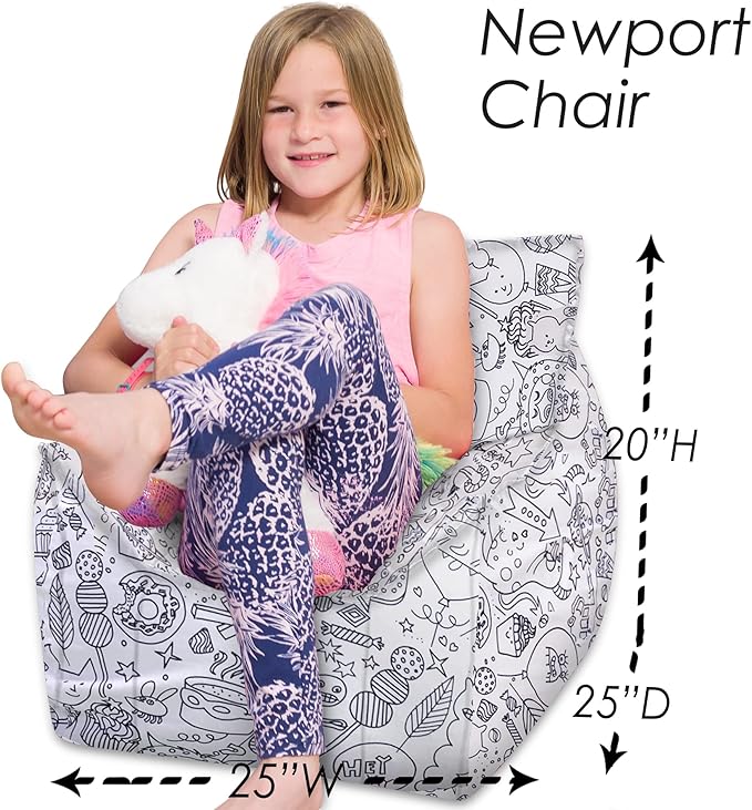 Posh Creations Structured Comfy Bean Bag Chair for Gaming, Reading, and Watching TV, Newport Chair, Canvas Coloring Fabric - Creatures